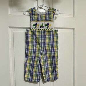9 Month Smocked Mardi Gras Plaid Jon Jon Longalls Mask Fleur de Leis Louisiana